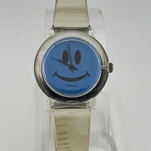 Vintage Armitron Smiley Face Watch 30mm Women Clear Band Blue Dial- New Battery